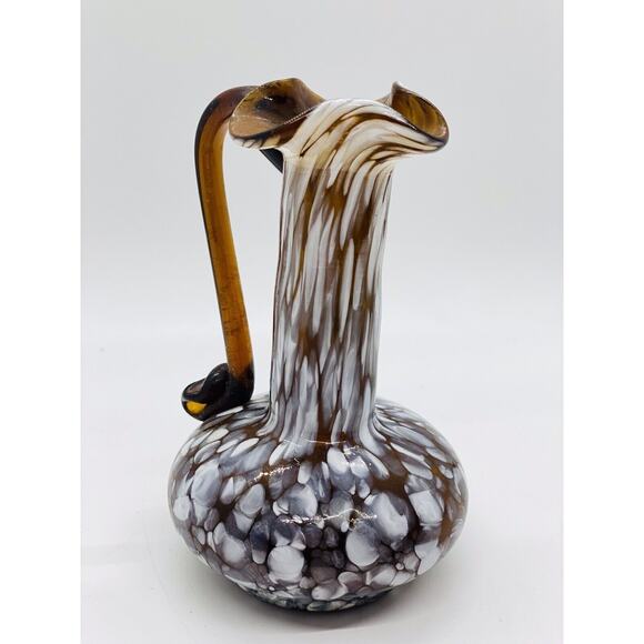 Studio Art Glass Brown blown vase pitcher /white splatter/swan handle - Picture 5 of 9